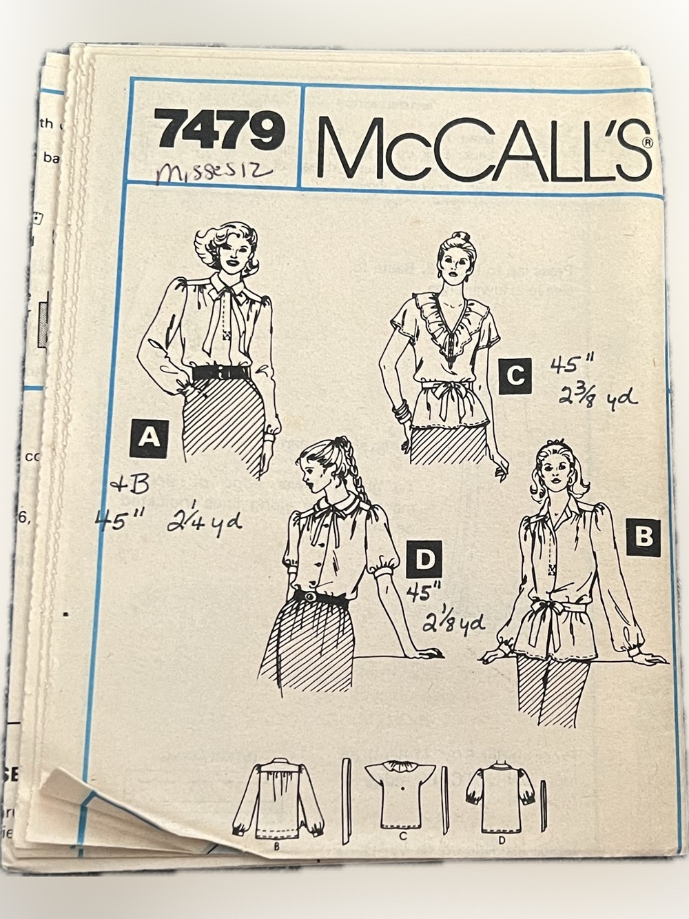 🍄Vintage New McCall’s 7479 Uncut Pattern Blouse Tie 4 Versions Sewing Size 12
